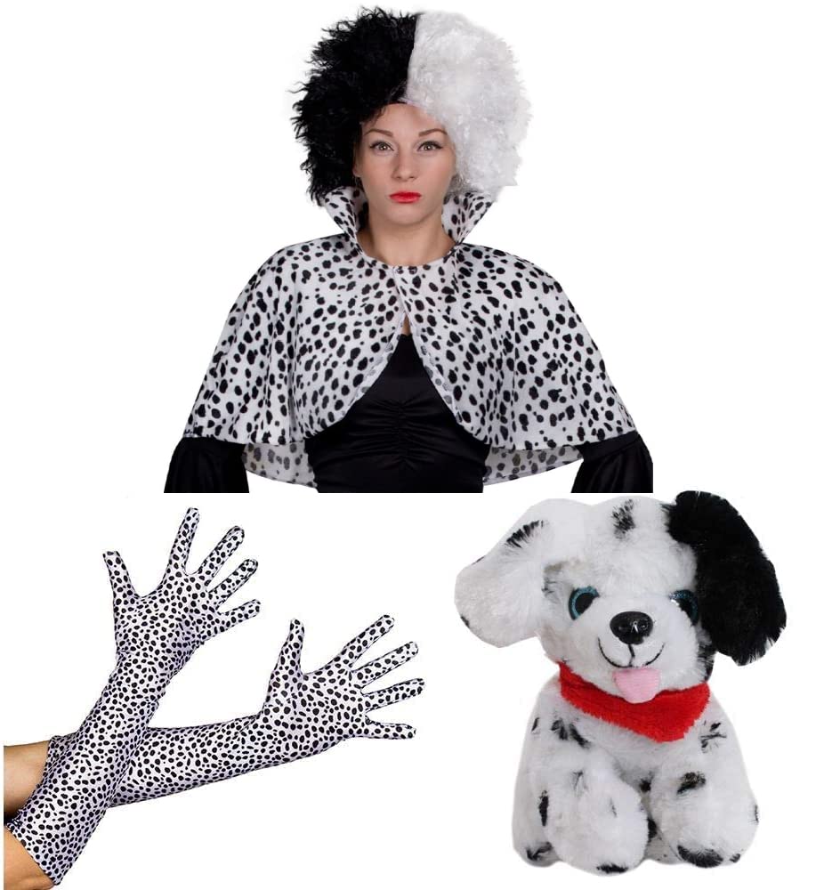 Ladies Evil Dog Lady Accessory Set - Standard - Black & White Crimped Wig, Dalmatian Cape, Dalmatian Gloves, Plush Toy Dog - Adults World Book Day Fancy Dress Accessory Set