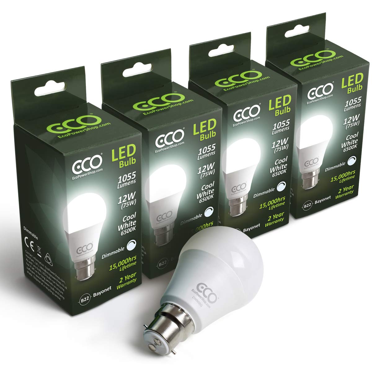 ECO 4 x DIMMABLE 2 Pin B22 Bayonet Light Bulb, 12W Dimmable LED Energy Saving Light Bulbs, 75W Equivalent, Frosted, Cool White (6500K), 15000Hrs (Cool White 6500K, 4 x LED Bulb Multipack)