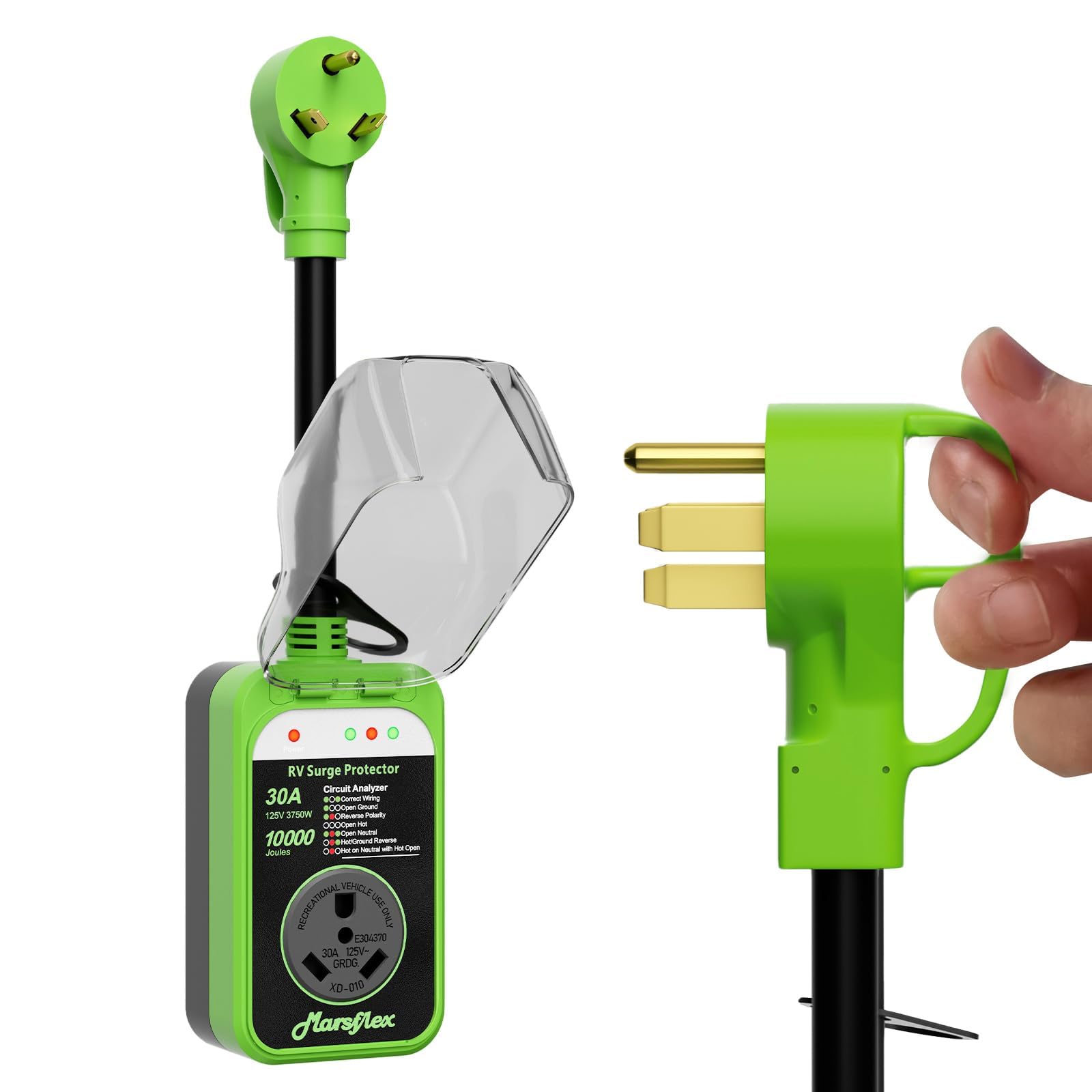 Marsflex Rv Surge Protector, 30amp Rv Circuit Analyzer, 10000 Joules Surge Protection with Waterproof Cover, LED Display, rv Voltage Protector for Camper, Travel Trailers, Motorboat, Color Green Image