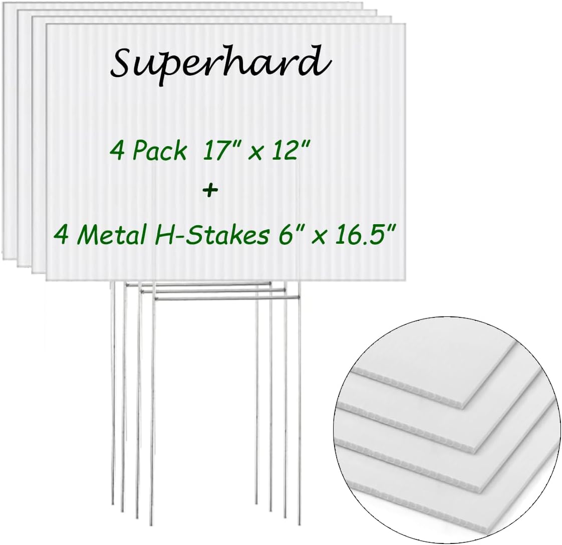 Yard Signs - Blank Yard Signs with Stakes, 4 Pack 17 x 12 inches White Plastic Custom Yard Sign for Birthday, Garage Sale Signs, Rent, Guidepost Decorations, Blank Lawn Signs With Stakes
