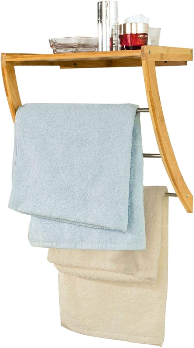 SoBuy FRG47N, Wall Mounted Bamboo Towel Rack with 3 Rails and 1 Shelf