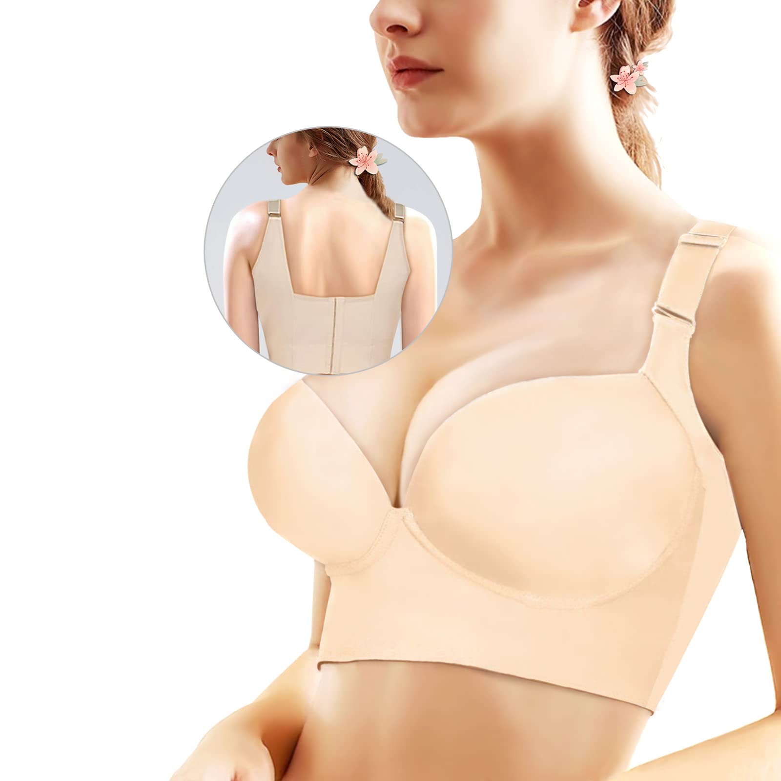 Photo 1 of Runilut Women's Deep Cup Push Up Bra, Full-Coverage Underwire, Hide Back Fat, Sculpting Uplift Nude 42A