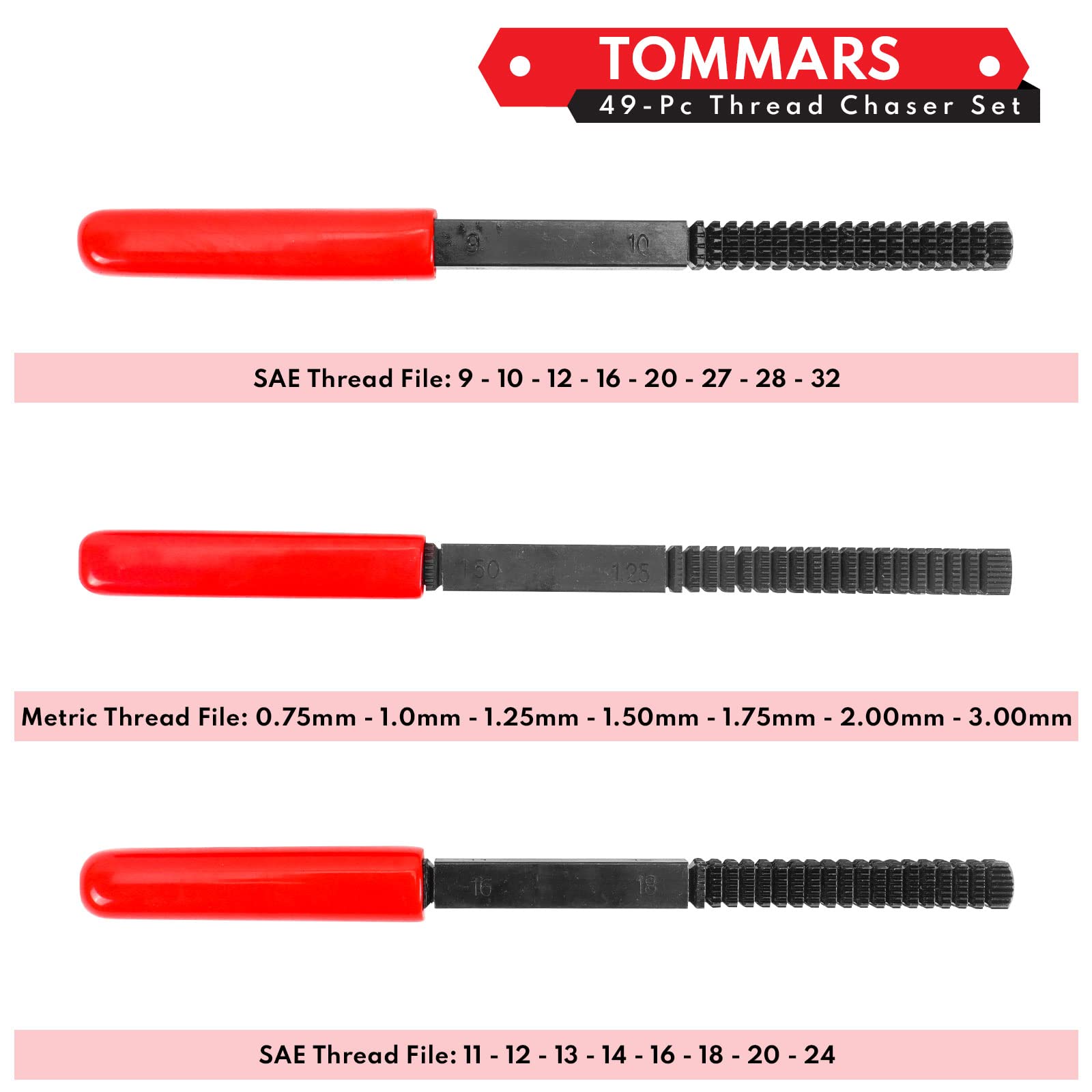 TOMMARS 49-Piece Thread Chaser Set Repair Kit, UNC UNF & Metric with Taps, Dies, and Thread Files for Rethreading and Restoration