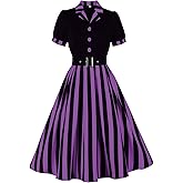 ODIZLI Women's 1950s Retro Dress Short Sleeve Notched Lapel Polka Dot Stripe Swing Dress with Belt Cocktail Dress