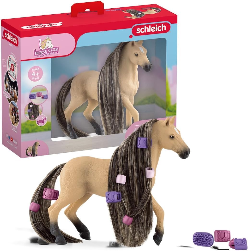 SCHLEICH Horse Club 42580 Sofia's Beauties Andalusian Mare Hair Brushing Playset Figurine - Pony Playset with Hair Styling and Accessories, Comb Style Playtime Beauty Set - Toys Gift for Kids Age 5+