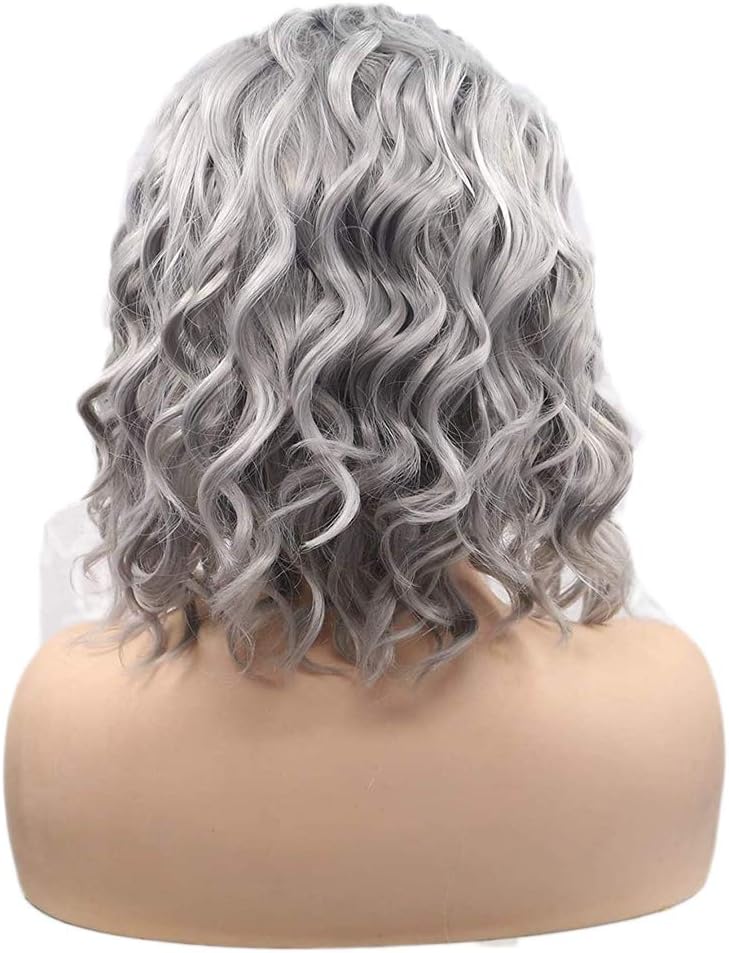 Silver Gray Lace Front Wigs Grey Bob Wigs for Women Short Curly Silver Wig Lace Real Wigs Natural Hairline Glueless Synthetic Lace Front Wig Drag Queen Costume Cosplay 14Inch - Image 5