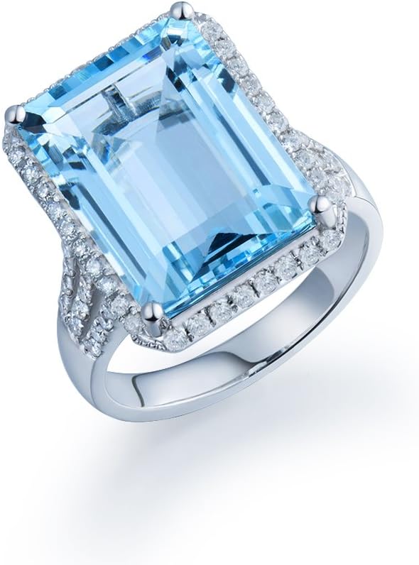 Lanmi 14K White Gold Natural London Swiss Blue Topaz Diamonds Ring Engagement Band for Women