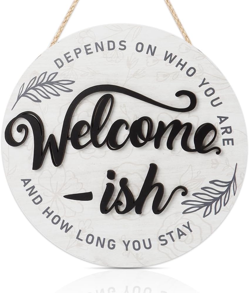 Plaques & Wall Art - 3D Welcome-ish Wood Hanging Sign Plaque, Funny Welcome Quote with Minimalist Leaves Wooden Front Door Hanger, Rustic Outdoor Wall Art for Porch Garden Farmhouse Yard Decor