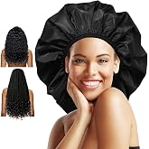 Auban Extra Large Shower Cap, Double-Layer Waterproof Reusable, XL Satin Lining Shower Bonnet for Women Thick, Long Hair, Locs, Braids(Black)
