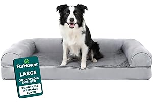 Furhaven Orthopedic Dog Bed for Large/Medium Dogs w/ Removable Bolsters & Washable Cover, For Dogs Up to 55 lbs - Plush & Suede Sofa - Gray, Large
