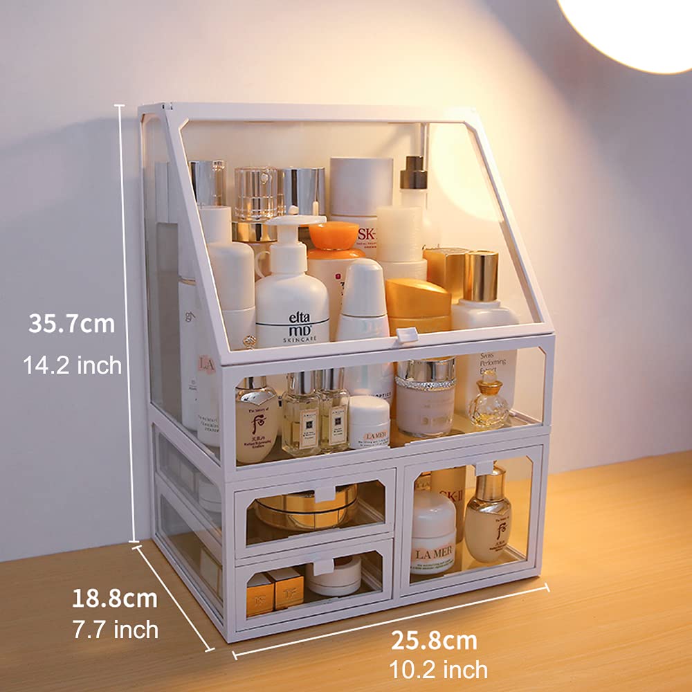 MOOCHI White Vintage Glass Cosmetic Makeup Organizer 3 Drawers Set Dust Waterproof Cosmetics Storage Display Case Countertop for Brushes Lipsticks Jewelry: Beauty