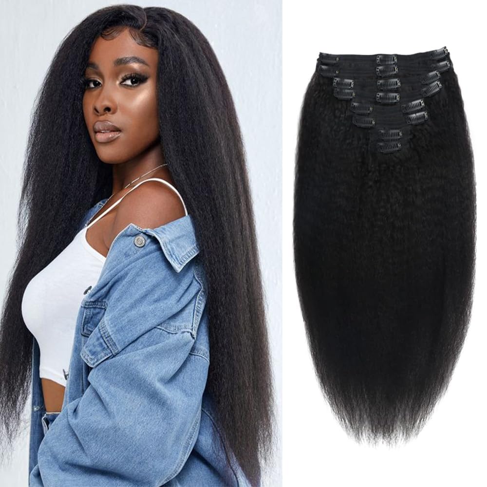 Datanala Brazilian Virgin Kinky Straight Clip in Hair Extensions 8Pcs/lot 120g With 18 Clips Yaki Straight Clip in Hair Extension Real Human Hair Natural Black Color For Black Women (22Inch) — image 1