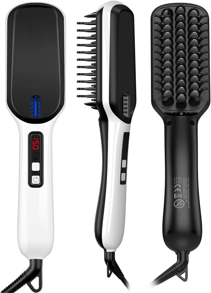 Hair Straightening Brush (2019 New), Ionic Beard Straightener Comb Electrical Heated Irons Ceramic Hot Brush Comb for Man and Women, Auto Temperature Lock, Anti Scald Auto, For Home and Travel