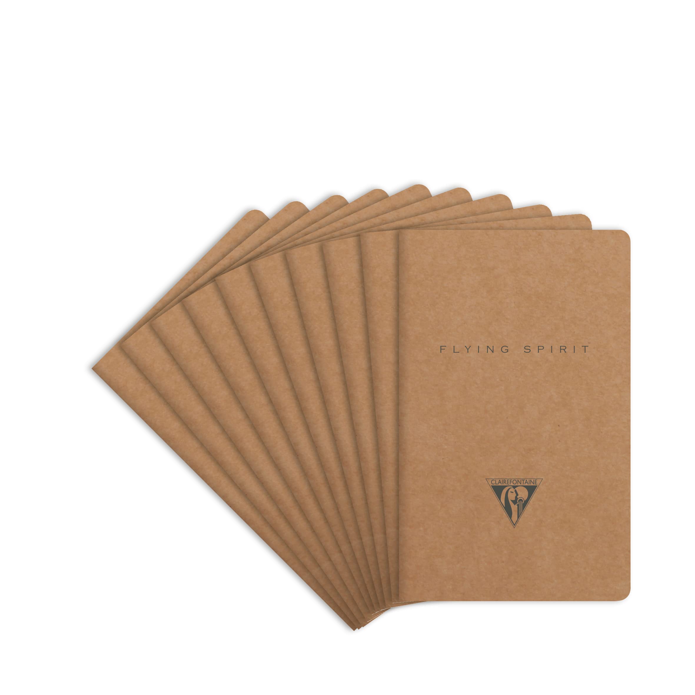 Clairefontaine 103586C - A pack of 10 Flying Spirit thread-stitched notebooks 48 ivory pages 7.5x12 cm 90g lined, brown kraft card cover, ass pattern