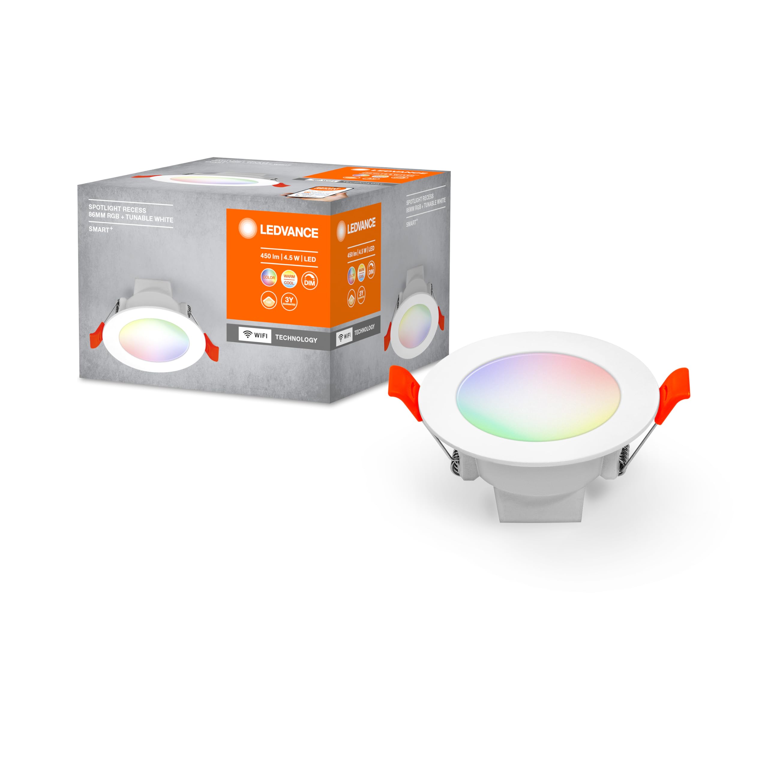 LEDVANCE Luminaire: for Ceiling, SMART Recess Downlight TW and RGB / 4 W, 220…240 V, Beam Angle: 110, Tunable White, 2700…6500 K, Body Material: polyprophylene (pp)/polyamid, IP20, Pack of 1