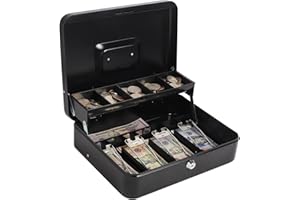KENTOKO Large Cash Box with Key Lock Safe Metal Money Box with Money Tray for Security Lock Box 11.8"L x 9.5"W x 3.5"H, Black