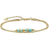 PeliZen 18K Gold Plated Stainless Steel Turquoise Bracelet for Women, Double Layer Boho Beaded Bracelet with Natural Stone, Adjustable Healing Crystal Jewelry, Gift for Her, Wife, Mother (Gold)