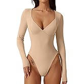 QINSEN Women's Long Sleeve Bodysuit V Neck Body Suits Seamed Cup Going Out Tops Shirt