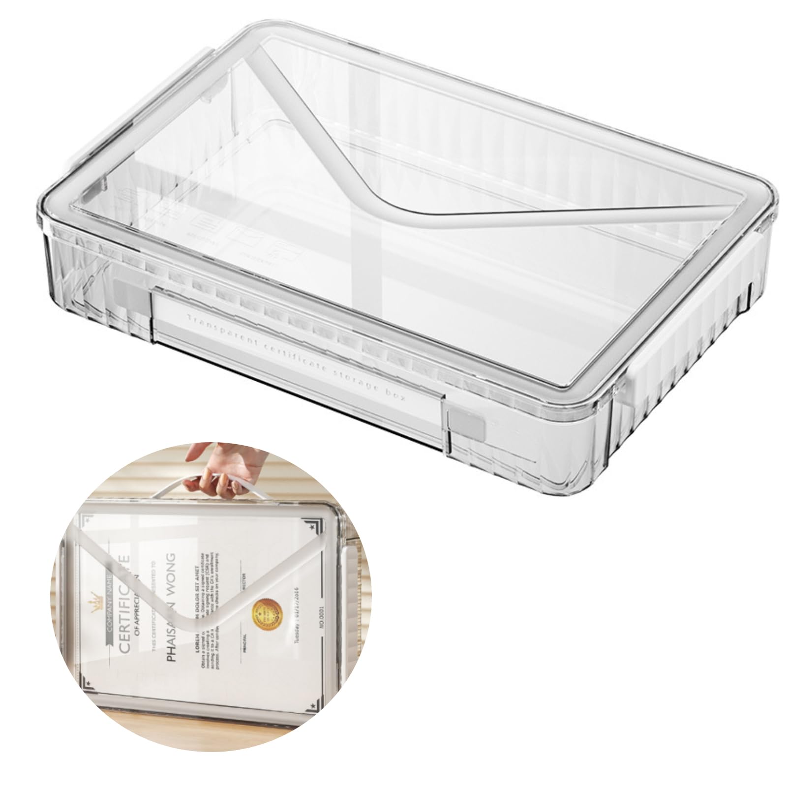 Marte Vanci Plastic Storage Box with Lid, Clear A4 File Box Portable Project Case with Handle Transparent Organiser for Photo Craft Storage Document Letter Paper Scrapbook Stationery Magazine White