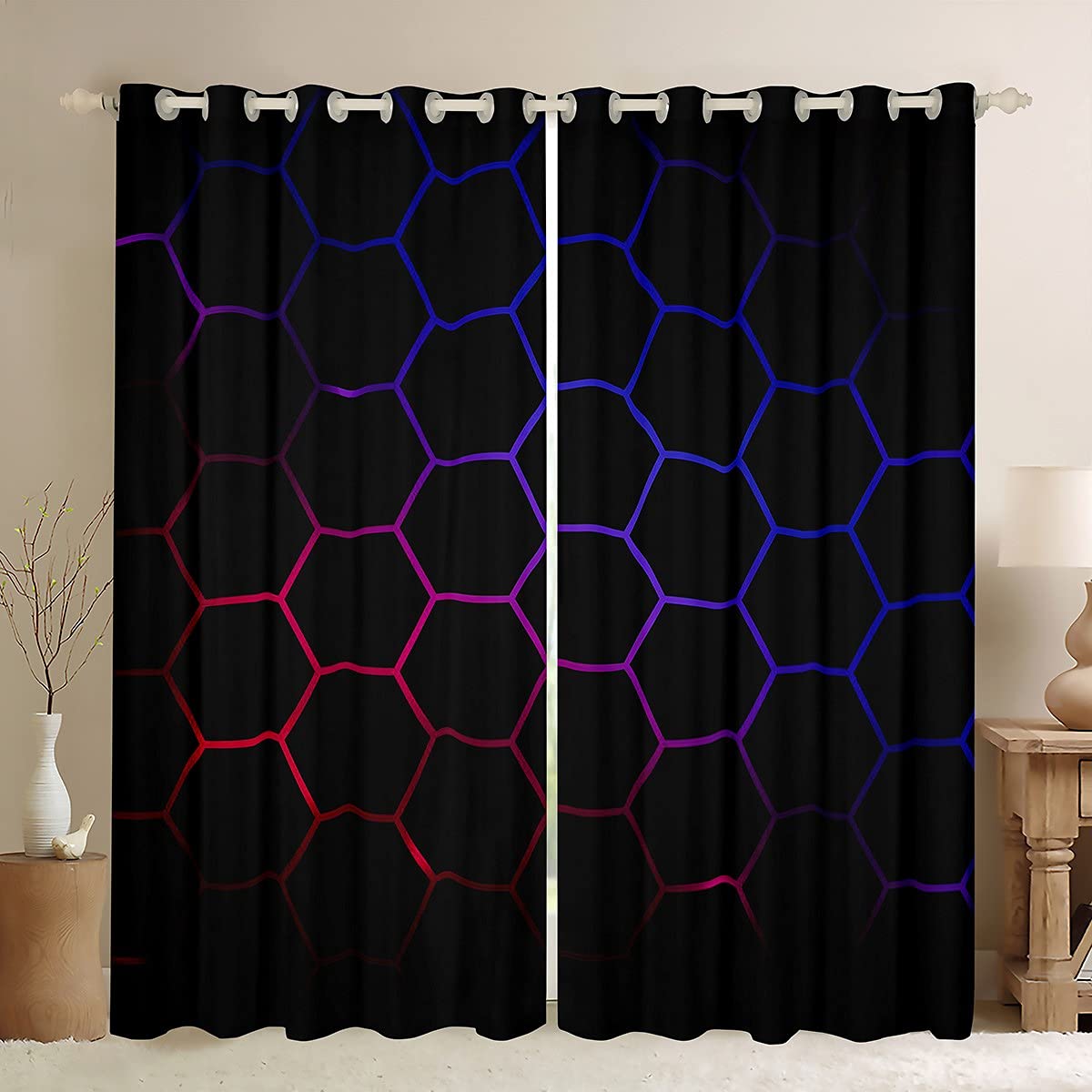 3D Honeycomb Curtains Window Curtains for Bedroom Living Room Kids Boys Girls Hexagon Artwork Window Drapes Purple Blue Red Black Window Treatments W46*L54