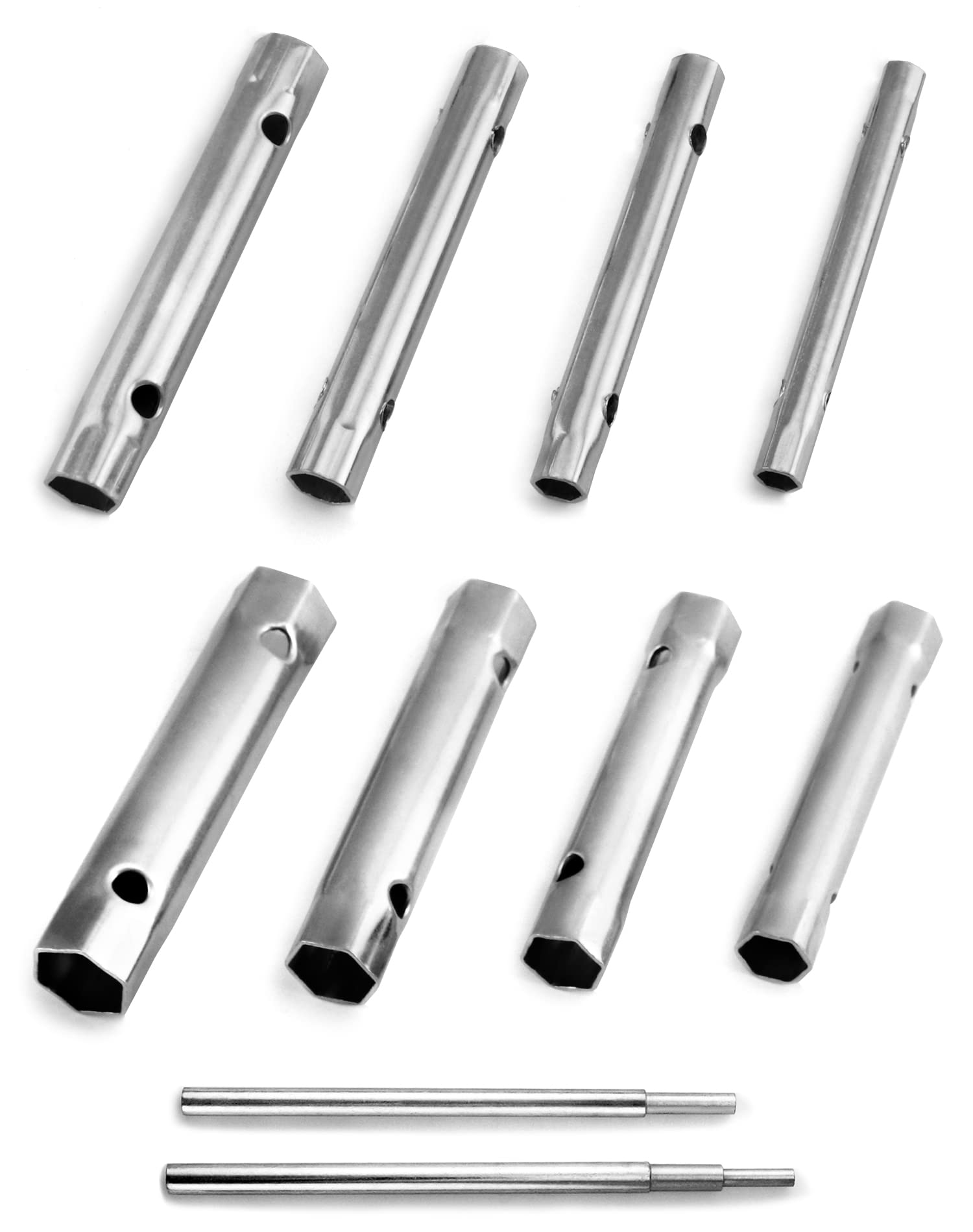 QWORK® Box Spanner Set, Tubular Spanners 6 x 7-20 x 22 mm with 2 Tommy Bars | 10 Pcs