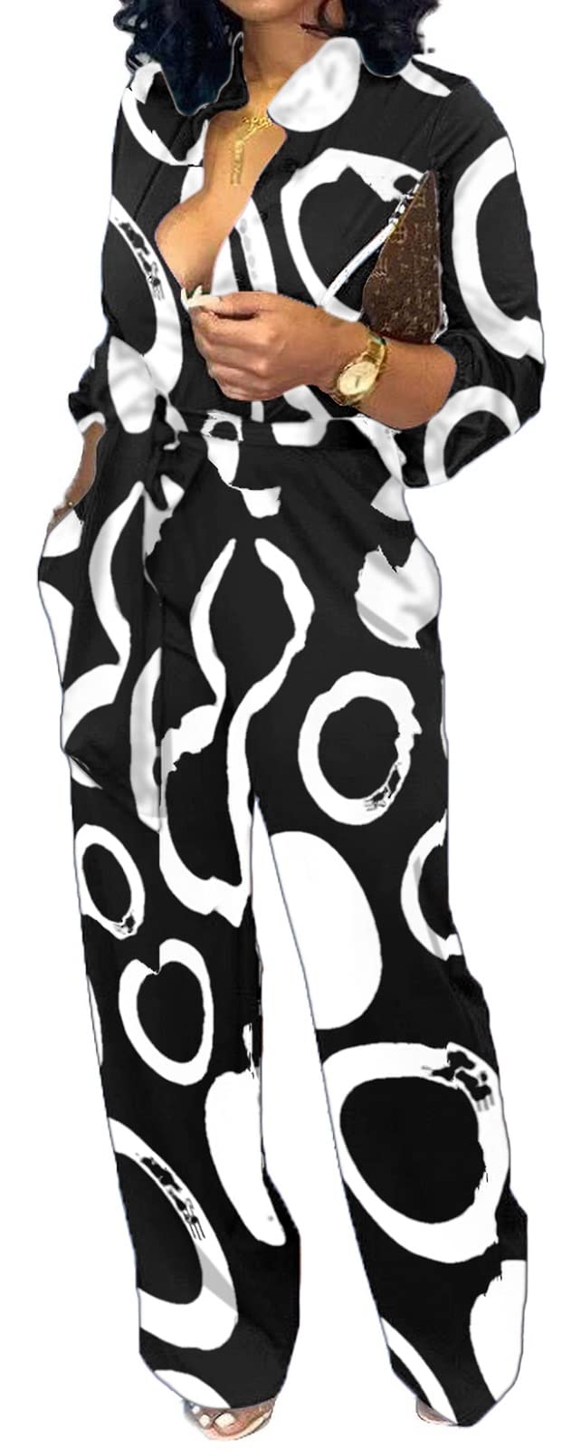 Photo 1 of (BAGGED) Elegant Jumpsuits For Women Business V Neck Button Down Long Sleeve Sexy Black Circle Floral Straight Long Pants Rompers With Pockets