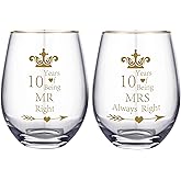 HLIKEM Pack of 2 Wine Glass Mr Right Mrs Always Right Wedding Engagement 10th Anniversary Cups for Couple Parents Tumbler 10 Years Anniversary Present Wine tumbler Cups