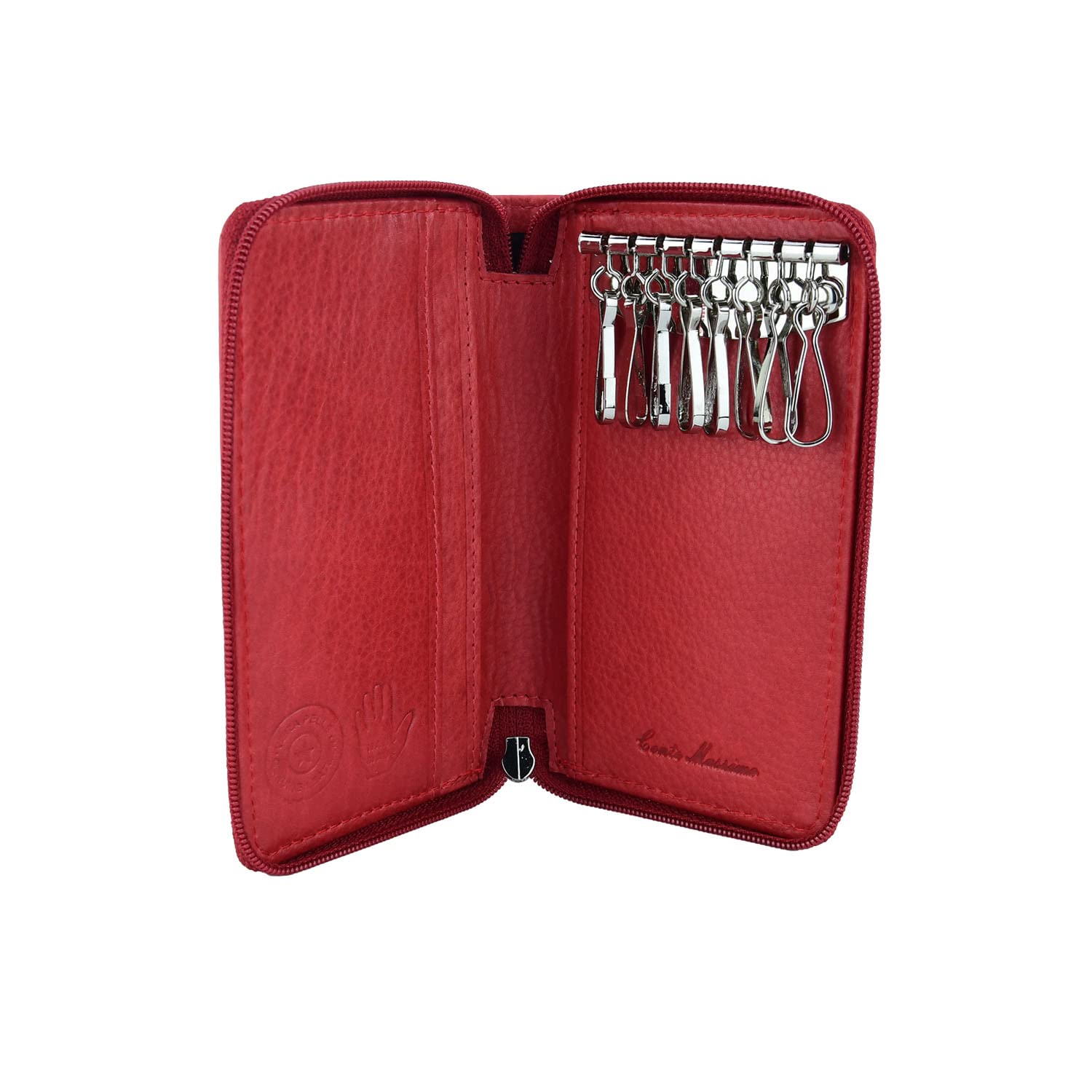 CM Conte Massimo Genuine Leather Key Organiser, Unisex Zip Key Holder with 8 Hooks & Card Slots, Small Red, Gift Box