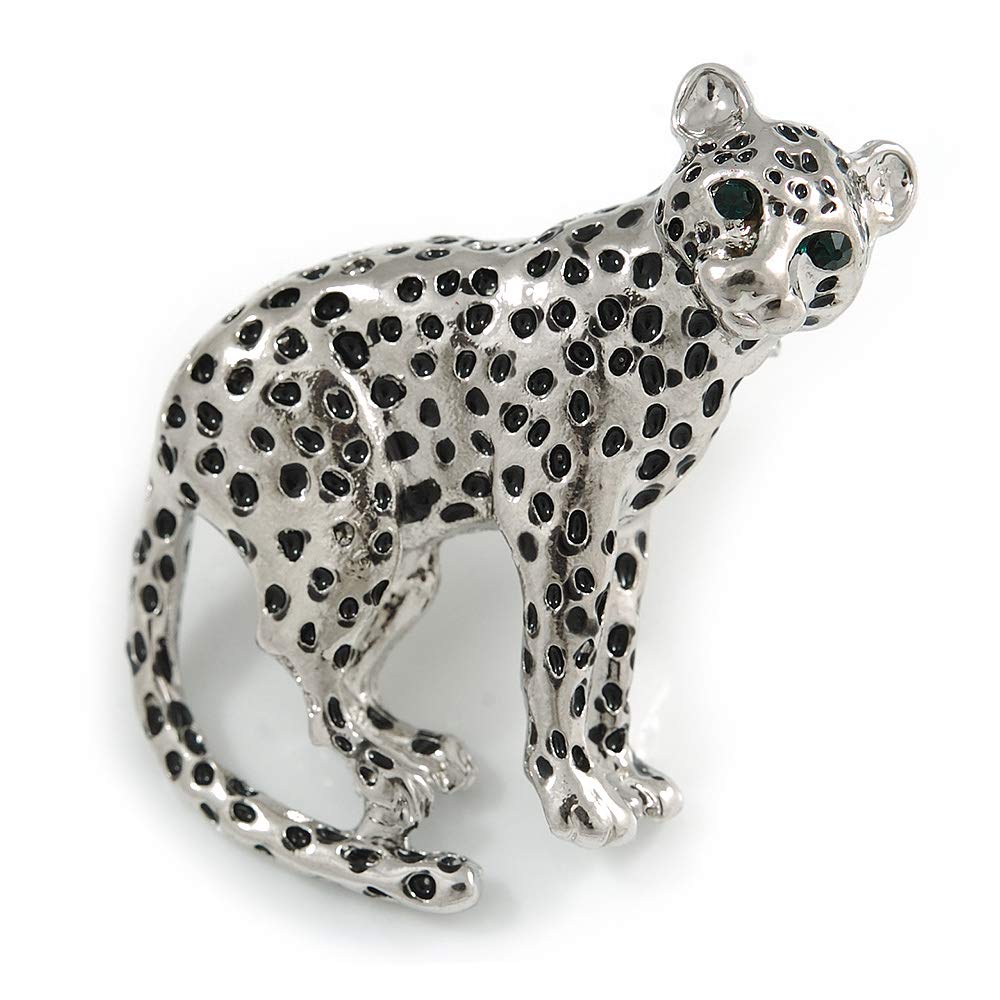 Unique Leopard Brooch In Silver Tone Metal with Black Spots - 42mm Across