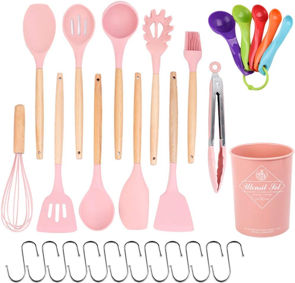 28 Pcs Kitchen Utensil Set, STRAWBLEAG 12 Pcs Non-Scratch Silicone Cooking Kitchen Utensils Set with 5 Pcs Measuring Spoons and 11 Pcs Hook, Heat Resistant Wooden Handle Cooking Utensil Set (Pink): Kitchen & Dining