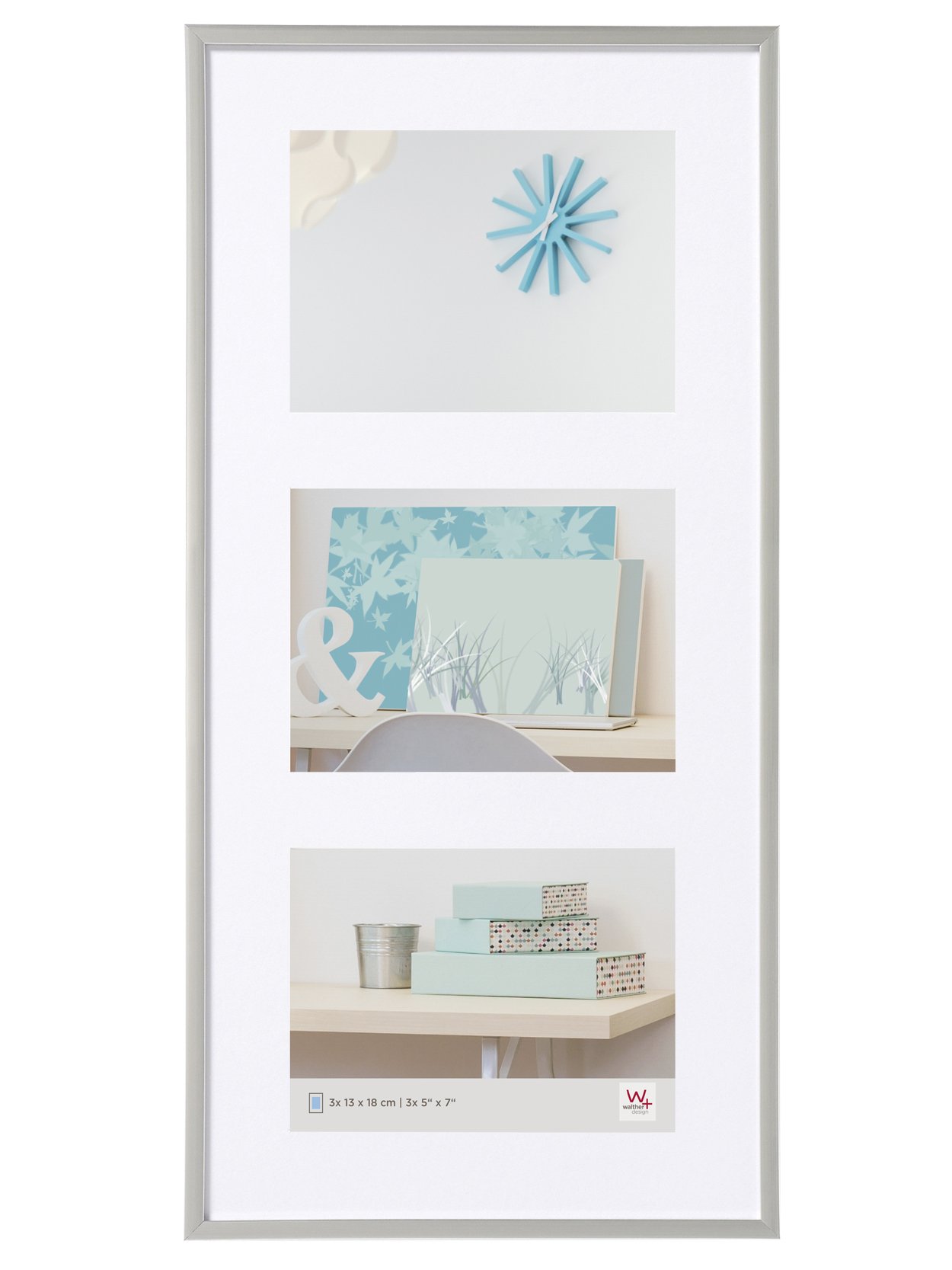 walther design Bilderrahmen silber 3x 13x18 cm Galerie mit Passepartout, New Lifestyle Kunststoffrahmen KV338S