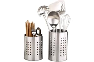 2 Pcs Kitchen Stainless Steel Cooking Utensil Holder, Stainless Steel Rust Proof Large Kitchen Utensil Organizer Flatware Cad