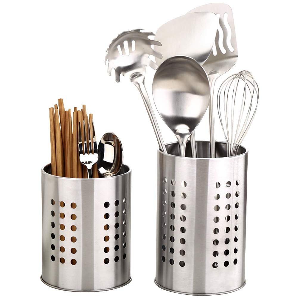 Feelava 2 Pcs Kitchen Stainless Steel Cooking Utensil Holder, Stainless Steel Rust Proof Large Kitchen Utensil Organizer Flatware Caddy for Organize Drawers and Countertops for All Kitchens