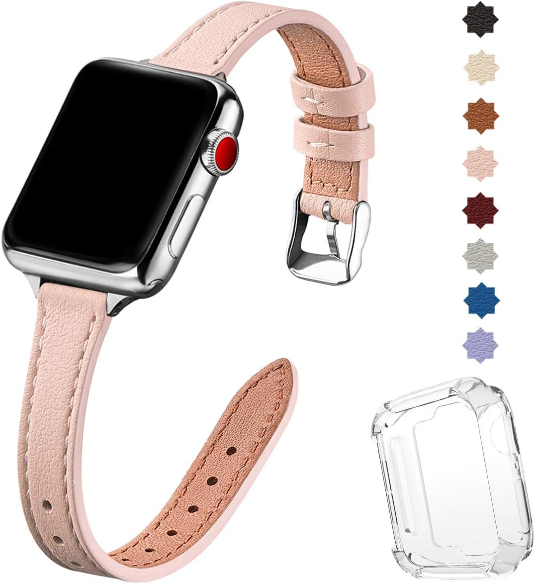 SUNFWR Compatible with Apple Watch Strap 42mm 44mm 45mm,Genuine Leather Strap Replacement,Slim&Thin Wristband for iwatch Series 7/6/5/4/3/2/1,SE(42mm 44mm 45mm,Pink sand&Silver)