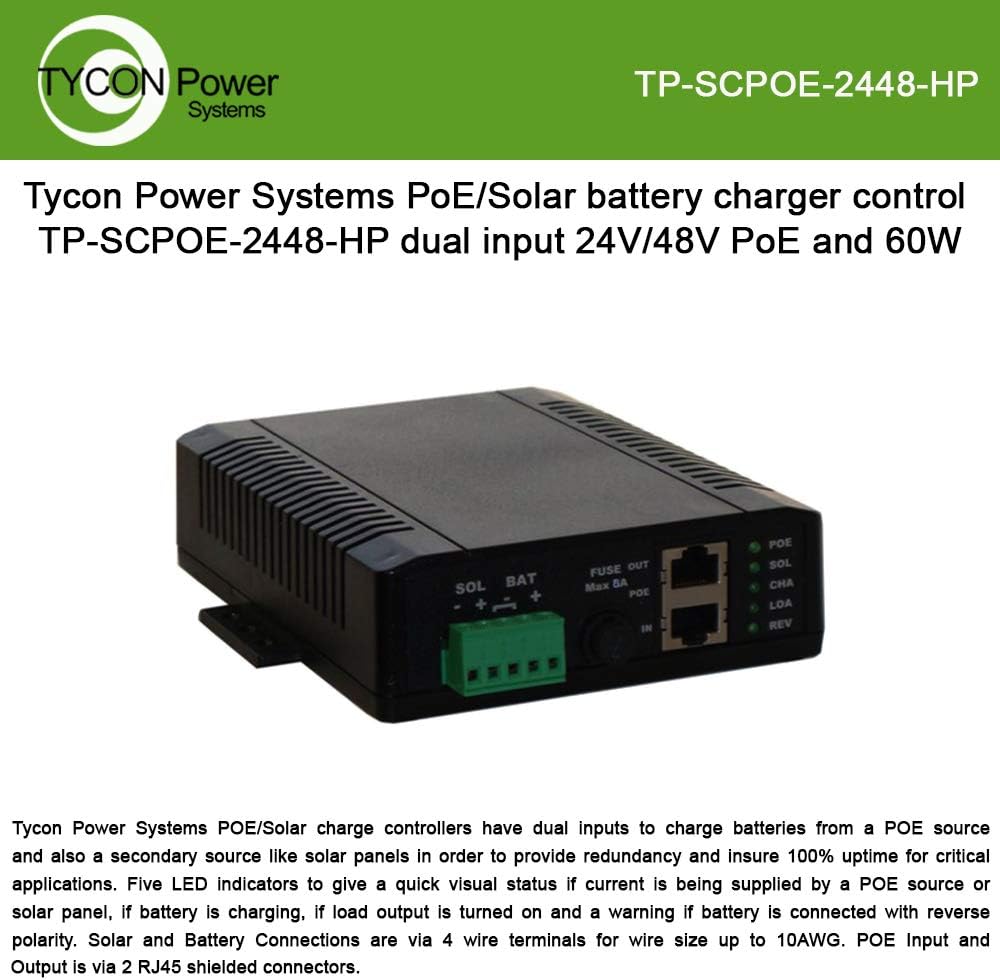 Tycon Systems TP-SCPOE-2448-HP Poe & Solar 8A Dual Input Battery Charging Controller - 24V In 48V POE Out