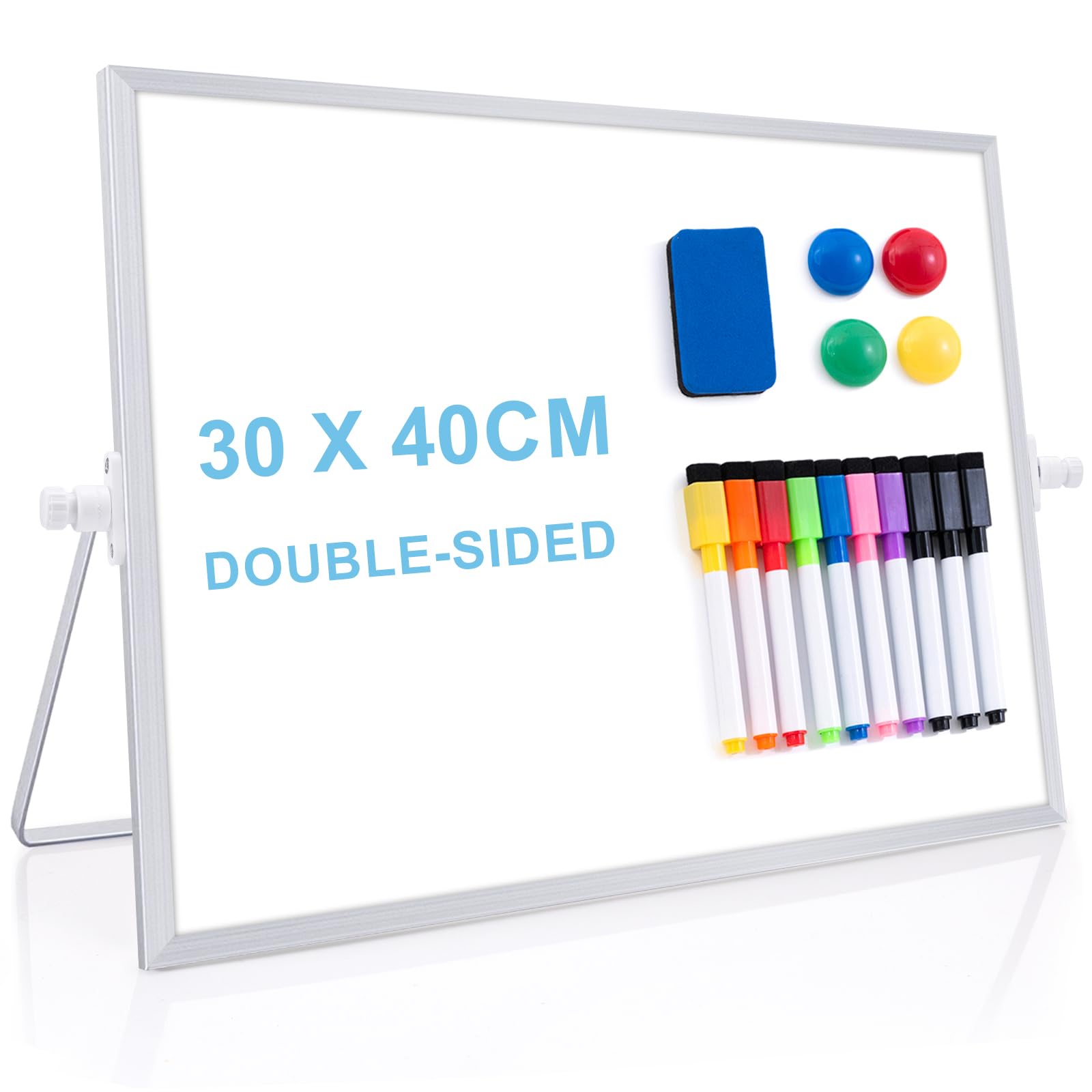 ARCOBIS A3 Whiteboard with Stand, 40X30cm Large Dry Erase Desktop Magnetic Board, Double-Sided Desk White Board with Pens and Erasers for to Do Lits, School, Home, Office (Silver)