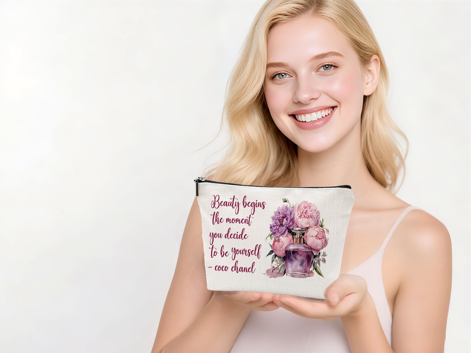 Coco Chanel Quotes Makeup Bag Fashion Gift for Girls Beauty Flower Fragrance Begins The Moment You Decide to Be Yourself - Waterproof Linen Toiletry Bag for