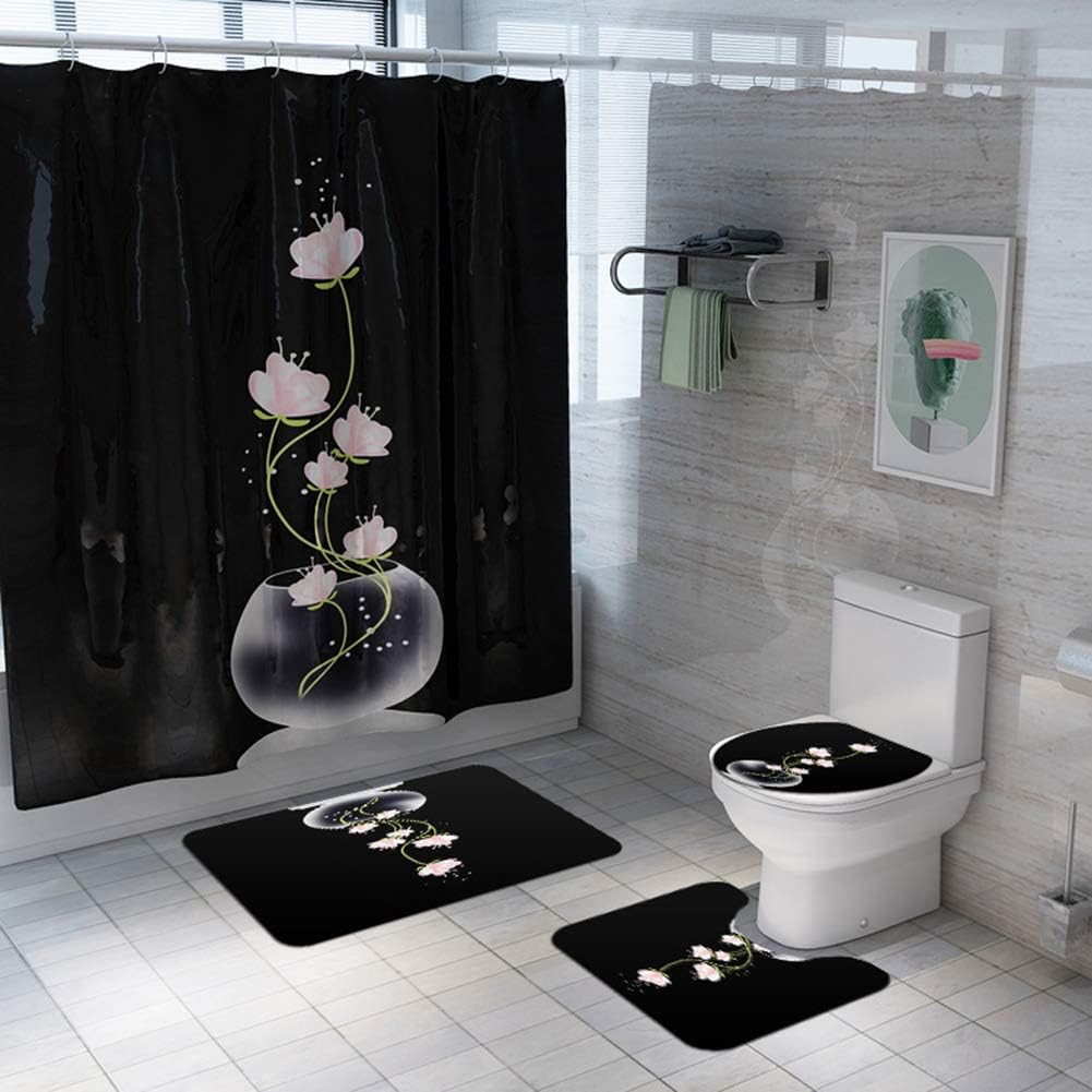 YGNN Bathroom Curtains Rugs Set of 4 Curtain Bath Floor Mat Set 3D Print Black Lotus Shower Curtain Pedestal Rug Toilet Seat Cover