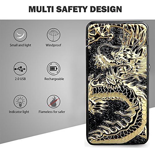 Pard Relief Dragon Windproof Cross Arc Lighter, USB Rechargeable Flameless Electronic Pulse Arc Cigarette Lighter, Black