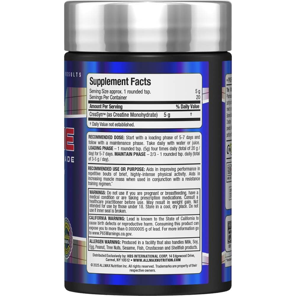 ALLMAX Essentials - Creatine Monohydrate, Micronized Creatine Powder for Strength and Muscle Recovery, Gluten Free & Fast Absorbing 100g - 20 Servings