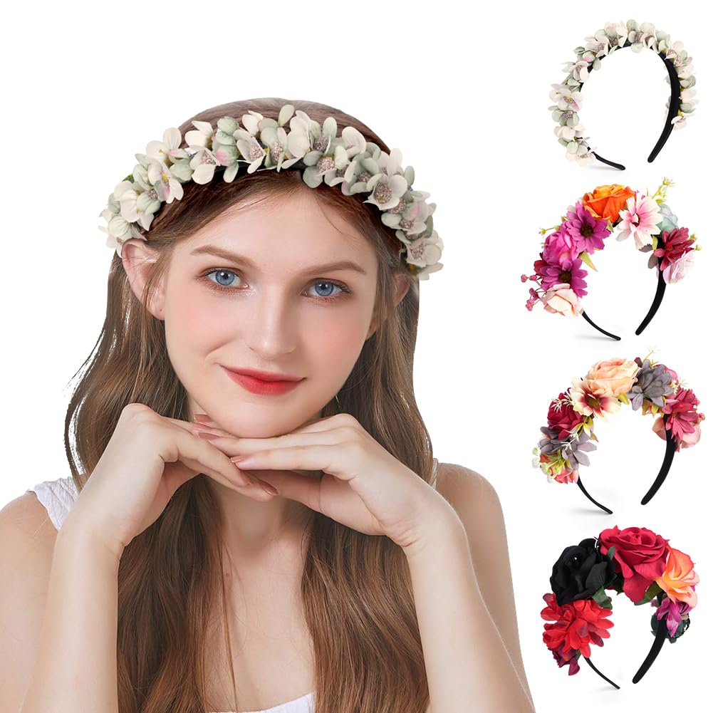 LOPHE Floral Crown Headband, Bride Bridesmaid Rose Flower Tiara, Wedding Flower Hairband, Mexican Flowers Crown, Halloween Cosplay Party Floral Hairband for Women Girls, C