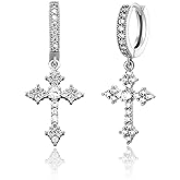 JINAO Cross Hoop Dangle Earrings 14K Gold Plated 5A+ Cubic Zirconia Cartilage Hypoallergenic Sterling Silver Cross Dangle Drop Earrings For Men Women