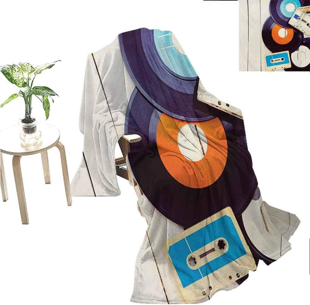 Mademai Indie Camp Chair Blanket Gramophone Records and Old Audio Cassettes on Wooden Table Nostalgia Music Cool Stuff Blue Orange Black 80x60 Inch