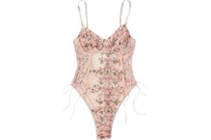 Lilosy Women Sexy Lace Up Floral Embroidered Teddy Lingerie Bodysuit Top Mesh Sheer One Piece