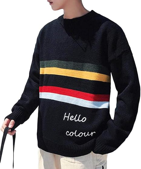 Amazon Bestmood ニットセーター メンズ 長袖 ゆったり プルオーバー クルーネック ボーダー柄 セーター 暖かい カジュアル トップス ニット 防寒 おしゃれ 秋 冬 黄色 P黒 セーター 通販