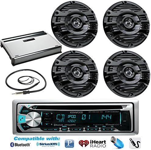 New Kenwood Marine Bluetooth CD MP3 USB AUX iPod iPhone Radio Stereo Player With 4 X 6.5" Inch Kenwood Marine Audio Speakers 4 Channel 360 Watts Marine Amplifier And Enrock Marine 45" Antenna - Complete Marine Outdoor Audio Package (Black)