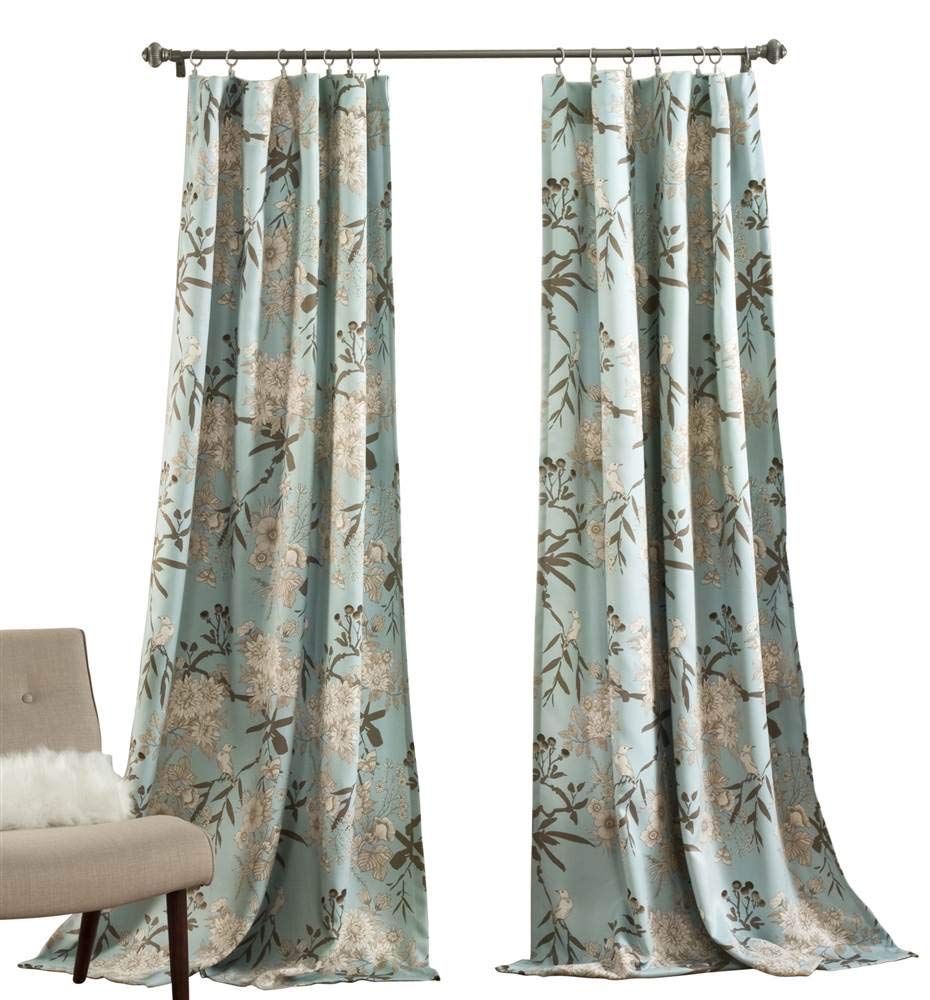 Lush Decor Botanical Garden Curtains Floral Bird Print Light Filtering Window Panel Drapes Set for Living, Dining, Bedroom (Pair), Blue, 52" W x 95L