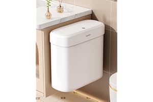 O-MART Small Slim Bathroom Trash Can with Lid, Wall Mount/Freestanding, Press Top, Pet Proof Odor Seal, No Battery, Narrow Garbage Bin for Home Office RV, 2.8 Gallon,White.