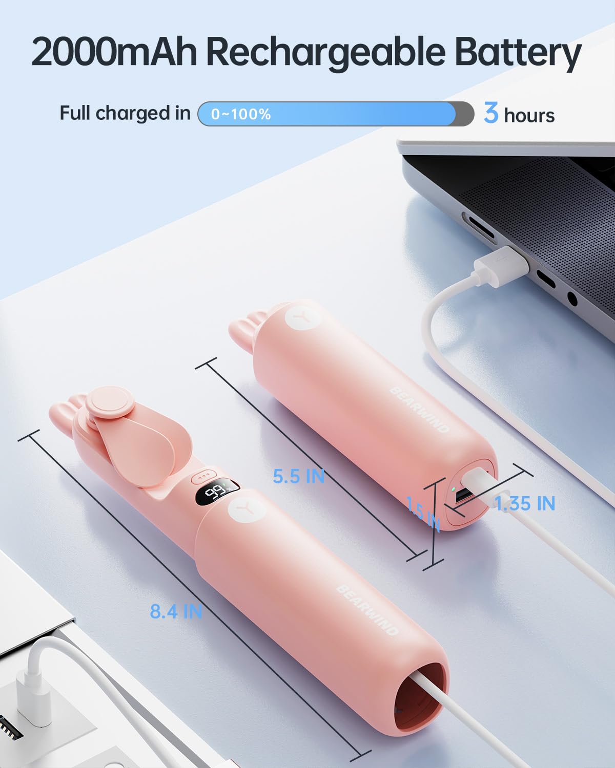 Portable Handheld Mini Fan: 2 in 1 Rechargeable Hand Held Fan with Backup Power & Digital Display - Summer Essentials for Travel, Concerts, Makeup, Lash - Gifts for Women, Girls (Pink)