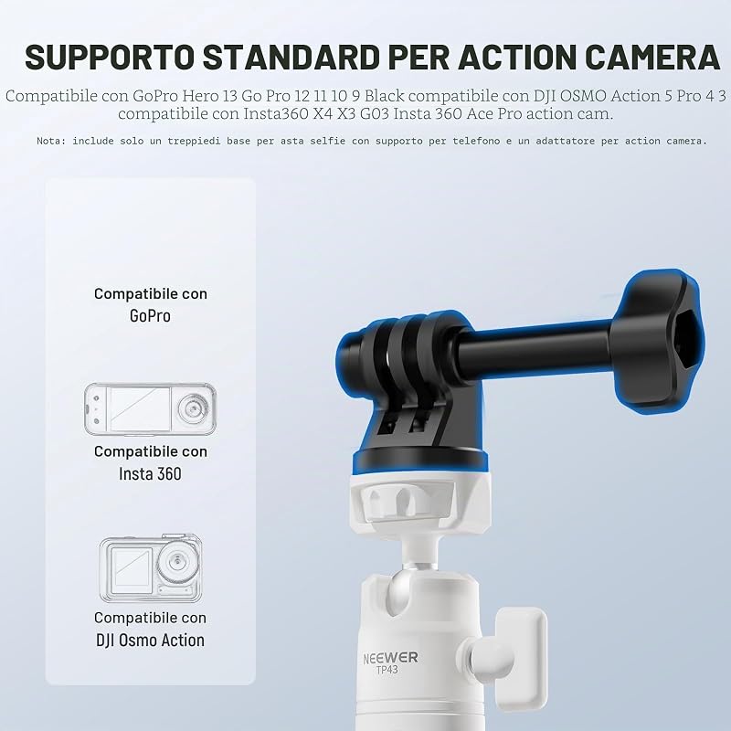 BASICS Mini Treppiede da Tavolo Selfie Stick Compatibile con iPhone GoPro Insta360 DJI, Piccolo Tripode Cellulare Android Fotocamera Webcam con Testa a Sfera Asse Elevato per Video,TP43 Bianco